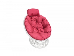 Кресло Папасан мини с ротангом каркас белый-подушка красная