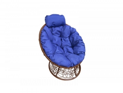 Кресло Папасан мини с ротангом каркас коричневый-подушка синяя