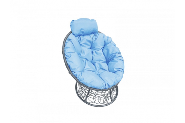 Кресло Папасан мини с ротангом каркас серый-подушка голубая