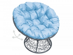 Кресло Папасан пружинка с ротангом каркас серый-подушка голубая