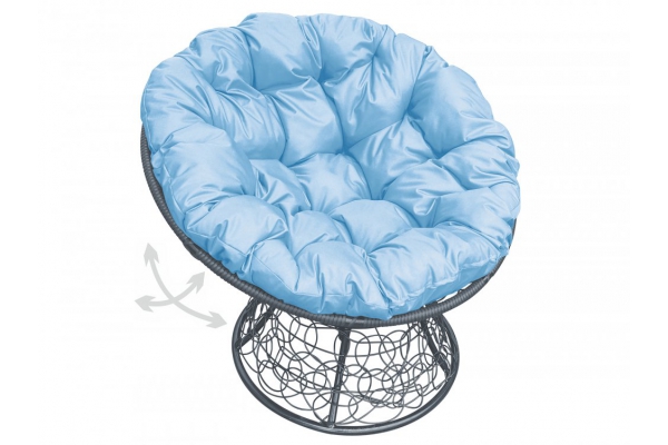 Кресло Папасан пружинка с ротангом каркас серый-подушка голубая