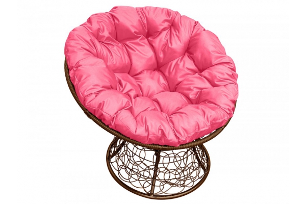 Кресло Папасан с ротангом каркас коричневый-подушка розовая